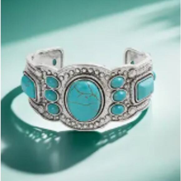 NEW - Large turquoise and silver bangle bracelet jewelry - Picture 1 of 1